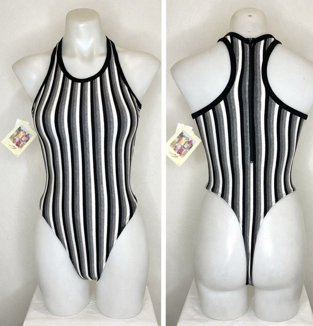 Vintage Marika 80’s Thong Workout Leotard Black Striped Zip Up Womens Small